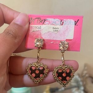 Betsey Johnson Gold and Pink Polka Dot Heart Earrings